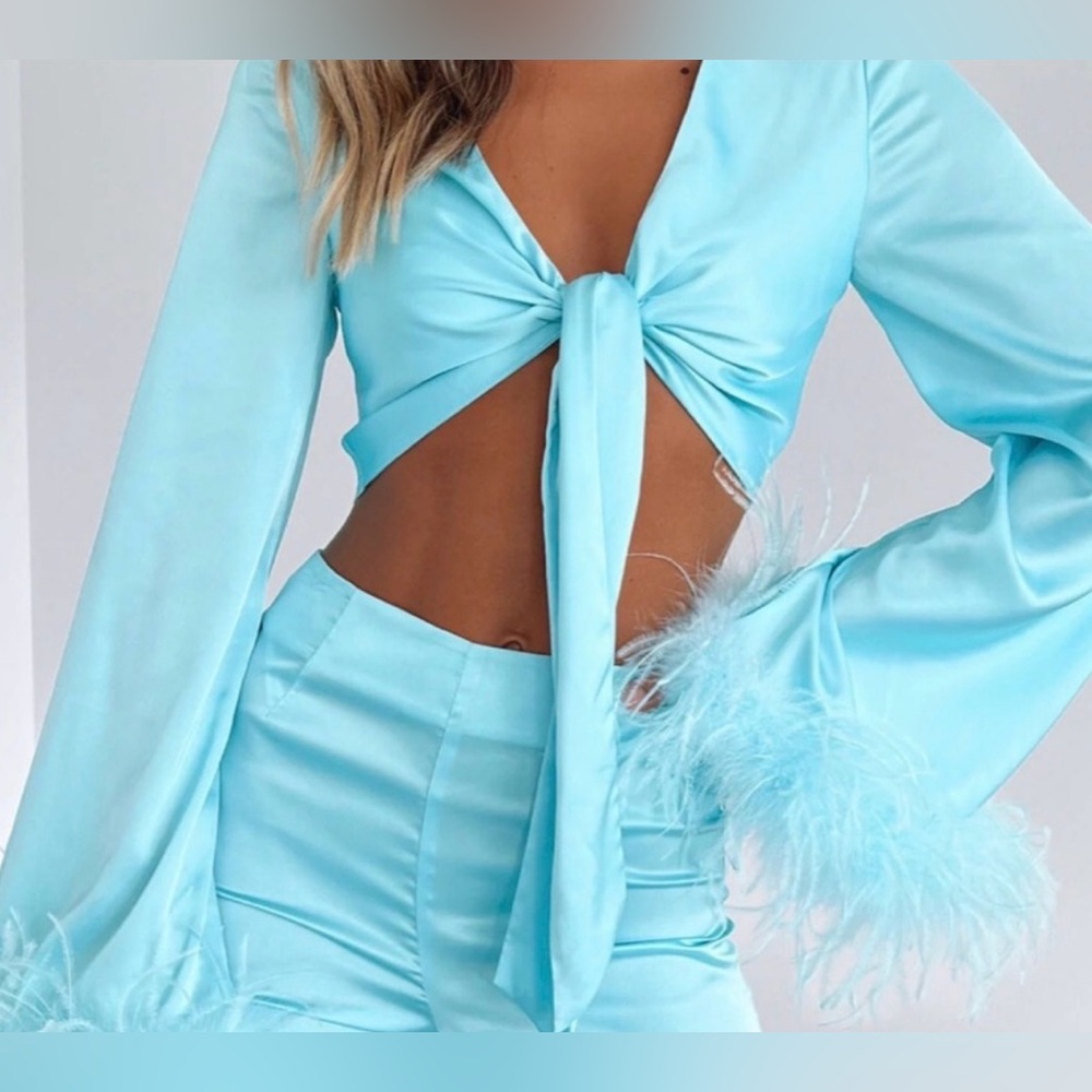White Fox Boutique Light Blue Satin Tie-Front Crop Top with Feather Cuffs